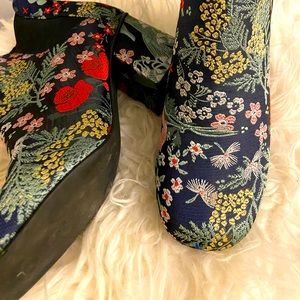Indigo Fabric Embroidered Boots with Square Heel